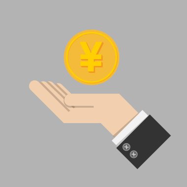 yatırım iade konsepti. El üzerinde Japon yen para işareti ile altın sikke, işadamı avuç. büyüme, finans planı, kişisel yönetim, yatırım portföyü yatırım. vektör illüstrasyon eps10