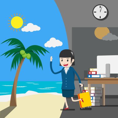Vektör. iş insanları konsepti için tatil veya tatil. bir takım iş kadını veya şirket çalışanı bir ofiste tatil veya tatil sırasında plajda tatile gitmek için bir Bagaj çekme olduğunu.