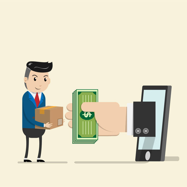 Shopping on online shop store concept. Money in hand pop up from the phone for trade with business man in suit as dealer with package for delivery. E-commerce technology with smart phone. vector ESP10