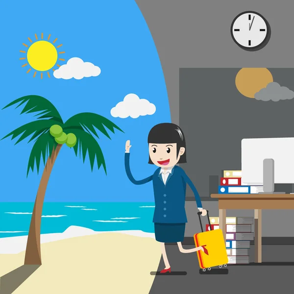 vector. holiday or vacation for business people concept. businesswoman or company employee in a suit is towing a luggage from an office to go on vacation at the beach during her holiday or vacation.
