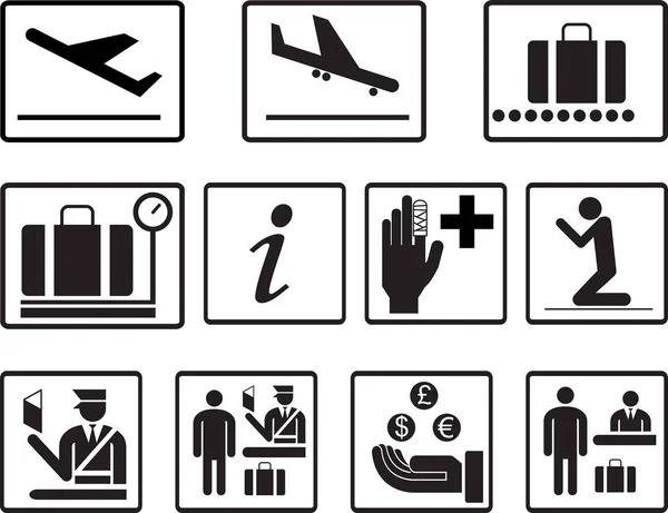 Semplice aeroporto 2d icone vettoriale set. Icone universali dell'aeroporto da utilizzare per informazioni, compagnia aerea, partenza, arrivo, volo, gate, terminal, bagagli, cambio valuta, immigrazione, cartello turistico . — Vettoriale Stock