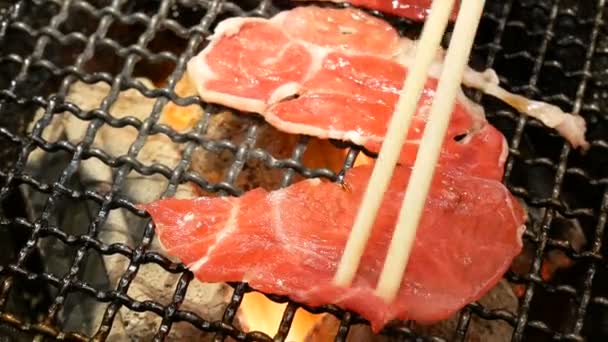 肉のバーベキューのコンセプト ストーブ炭に火と生の牛肉のグリル 高精細 — ストック動画