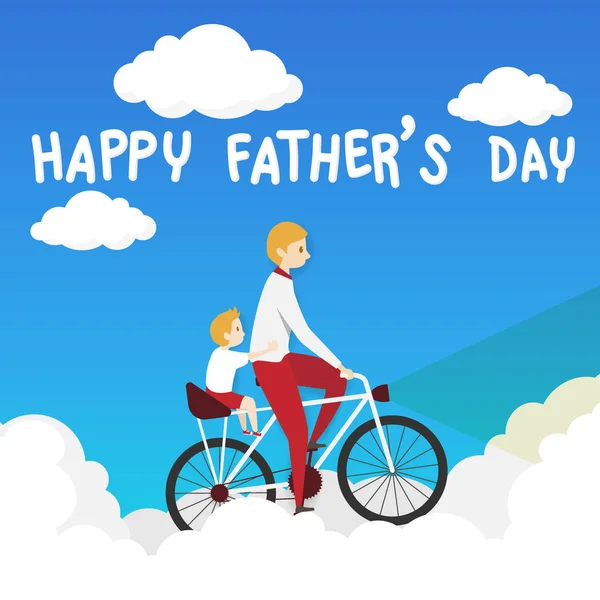 vector of happy father's day greeting card. father biking bicycle with his son ride on a pillion, riding over the white cloud on blue background.