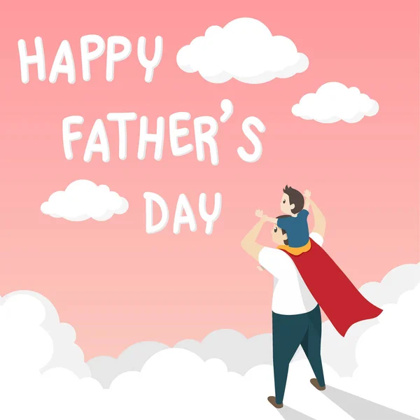 幸せな父の日のグリーティングカードのベクトル。スーパーヒーローの衣装でお父さんは、ピンクの背景に白い雲の上にテキスト幸せな父の日と肩に乗って息子を与える — ストックベクタ