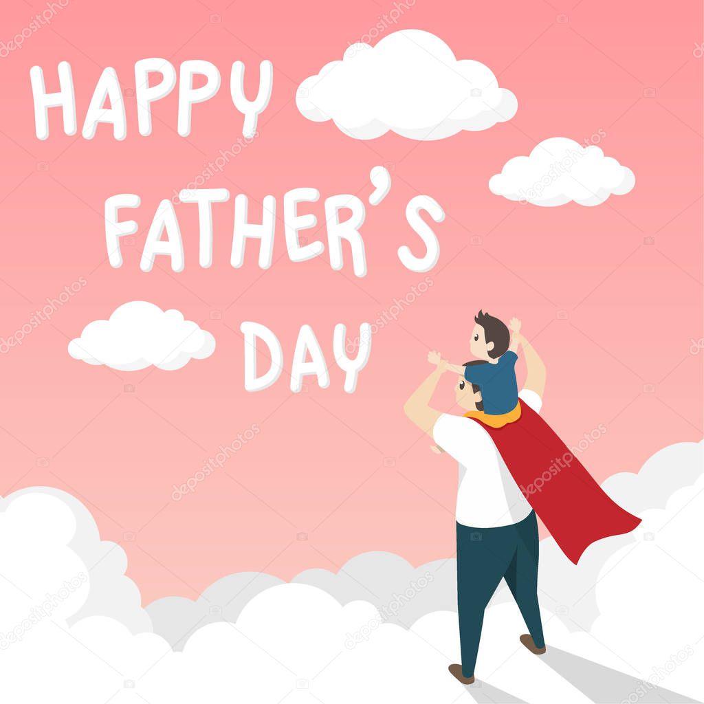 vector of happy father's day greeting card. Dad in superhero's costume giving son ride on shoulder with text happy father's day over the white cloud on pink background
