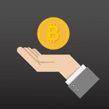 vektör illüstrasyon. bir yatırımın iadesi. elinde bitcoin para para işareti ile altın sikke, işadamı avuç içi. yatırım büyüme, finans planı, kişisel yönetim, yatırım portföyü.
