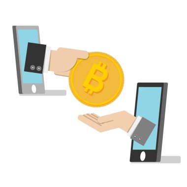vektör illüstrasyon. akıllı telefondan iş adamı el ödeme için altın bitcoin kullanın. bitcoin elektronik para kavramı