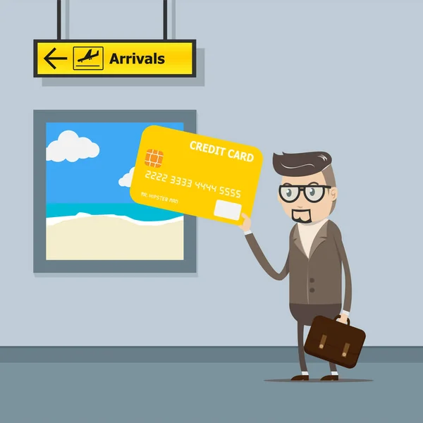 Vektorový Obrázek Eps10 Obchodník Používá Kreditní Kartu Platbě Cestě Letišti — Stockový vektor