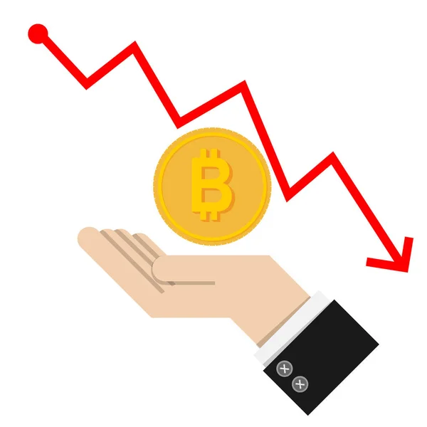 ベクトル。赤いグラフチャートの背景に金色のビットコインはしごを持つ金融下落コンセプト。白い背景に隔離されています。貿易金融の概念。為替レートの変動 — ストックベクタ