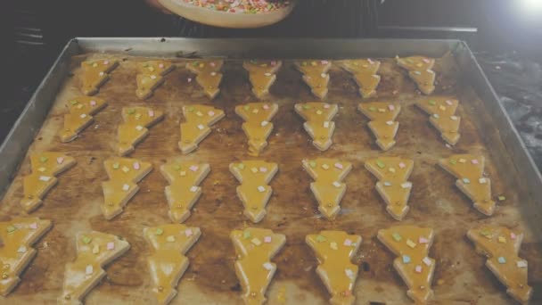 Кадри Прикраса Імбирного Хліба Різдвяна Ялинка Форму Печива Барвистими Посипати — стокове відео