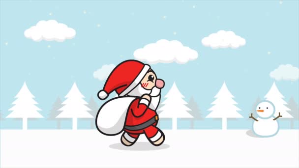 クリスマスサンタクロースアニメーションシームレスループ 冬の風景 雪の落ちる 背景に雪だるまと雪の森の中を歩くギフトバッグと漫画サンタクロース メリークリスマス映像の背景 — ストック動画