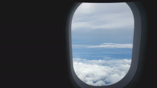Aerial View Airplane Window Beautiful White Clouds Blue Sky Background — Stock Video