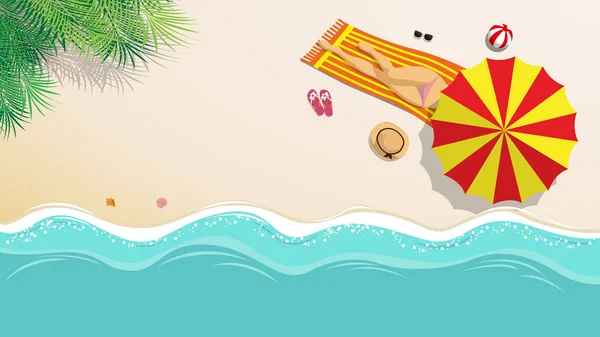 Ilustración vectorial. sexy chica en bikini tomando el sol en la playa con sombrilla de playa y accesorios de moda de playa en el país tropical en temporada de verano. concepto de fondo de verano — Archivo Imágenes Vectoriales