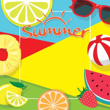 renkli yaz tema arka plan kopya alanı şablonu afiş tropikal meyve plaj topu ve güneş gözlüğü parçaları ile. afiş, poster, el ilanı, kart, kartpostal, kapak, broşür için vektör yaz arka plan