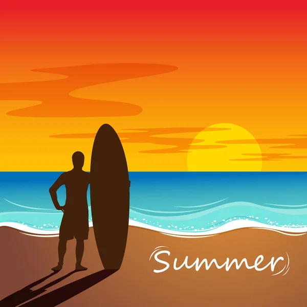 Silhuett av Surf man stå med en surfbräda. Surfing på Sunset Beach. Utomhus vattensport äventyr livsstil. Sommar aktivitet. — Stock vektor