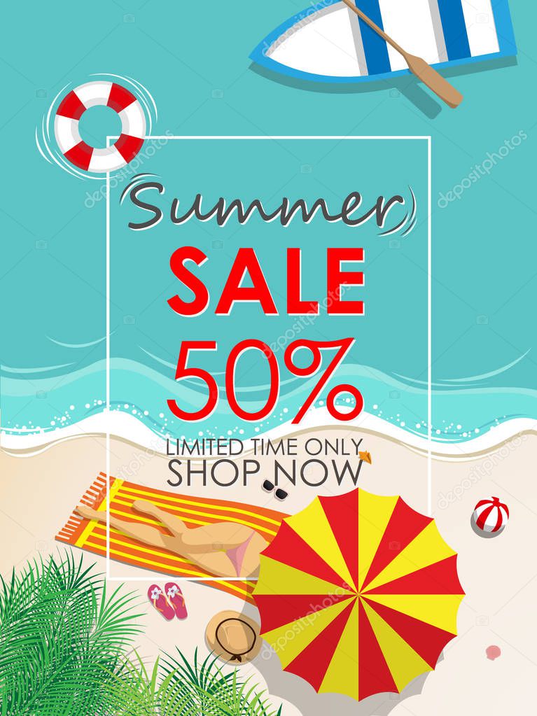 summer sale discount 50 percent off template banner with beach accessories background. vector summer sale background for banner, poster, flyer, card, postcard, cover, brochure for promote , marketing