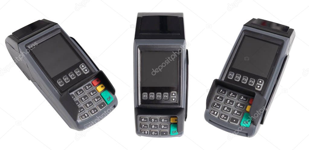 point of sale, credit card reader payment terminal. set of credit card swipe machine from 3 side  isolated on white background with clipping path