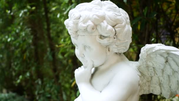 Tracking Shot Beautiful Green Garden Statue White Angel Home Decorating — Stock Video