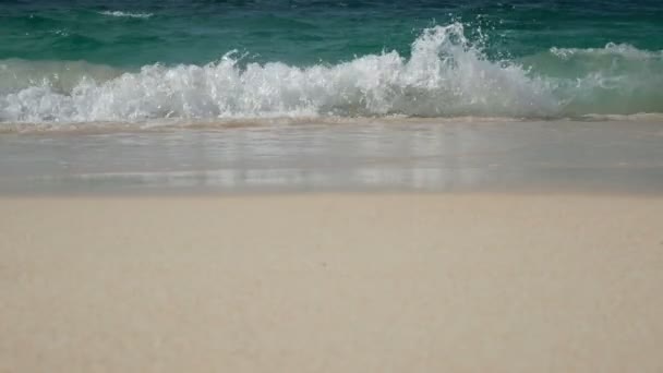 4K. vague douce des vacances d'été à la plage, couple d'hommes et de femmes marchant comme premier plan sur la plage de sable blanc avec de l'eau claire. plage tropicale d'été de mer pour des images de fond de vacances 