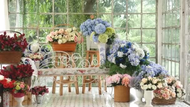 美しいバラと動きでズームと花屋で花の多くの種類 フラワーショップの背景 — ストック動画