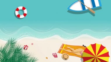 yaz sezonunda tropik ülkede plaj şemsiyesi ve plaj moda aksesuarı ile plajda güneşlenen bikini seksi kız sorunsuz karikatür görüntüleri. yaz görüntüleri arka plan konsepti