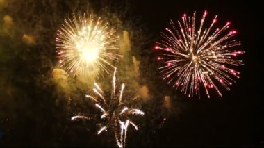 gerçek renkli havai fişek Festivali yakın yukarı 4k görüntüleri tatil Festivali ve kutlama arka plan için karanlık gece sahnesinde gökyüzünde ışık