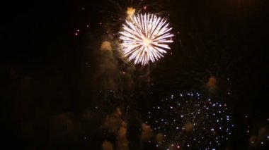 gerçek renkli havai fişek Festivali yakın yukarı 4k görüntüleri tatil Festivali ve kutlama arka plan için karanlık gece sahnesinde gökyüzünde ışık