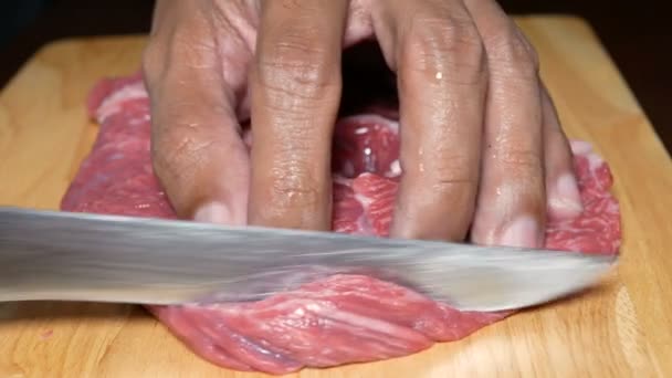 Des Images Gros Plan Lame Bœuf Chef Avec Couteau Tranchant — Video