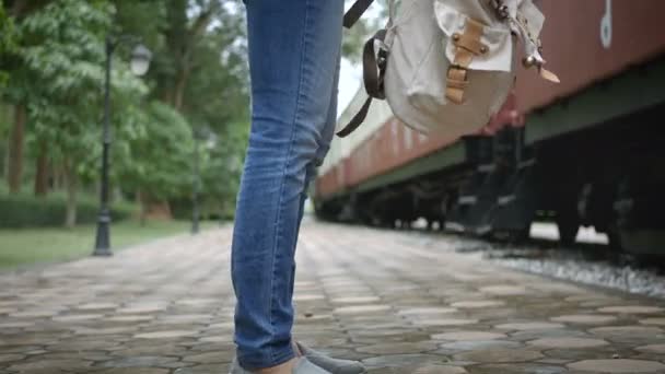 Filmati Due Scene Donna Turistica Asiatica Felice Alla Stazione Ferroviaria — Video Stock