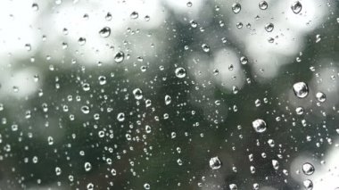 4k görüntüleri. yağmur açık pencere cam yüzey üzerinde yeşil ağaç ve bokeh ışığı arka planda dışında çalışan. yağmurlu bir günde yağmur düşüşü
