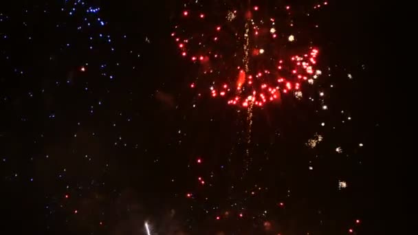 休日のお祭りやお祝いの背景のための暗い夜のシーンで空にライトアップ本物のカラフルな花火祭りのクローズアップの4K映像 — ストック動画