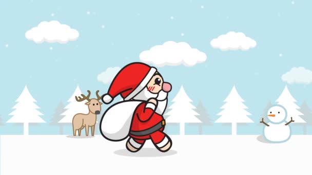 Karácsonyi Santa Claus animáció zökkenőmentes hurok. karikatúra Mikulás ajándékcsomagot séta havas erdőben téli táj, hó alá, hóember a háttérben. vidám karácsonyi felvétel háttér