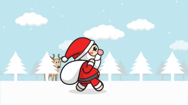 クリスマスサンタクロースアニメーションシームレスループ 冬の風景 雪の落下 背景にトナカイと雪の森の中を歩くギフトバッグと漫画サンタクロース メリークリスマス映像の背景 — ストック動画