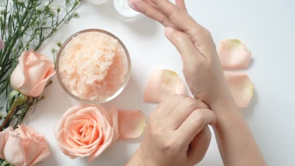 Natural Skincare Concept Woman Apply White Cream Her Hands White — Stock Video