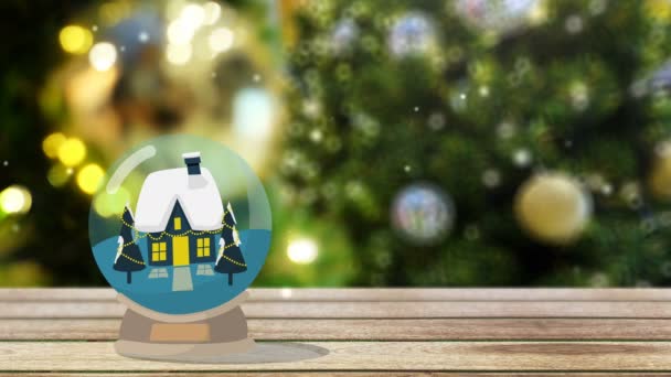 Winter Home Snow Globe Sneeuwval Kerstboom Met Verlichting Achtergrond Met — Stockvideo