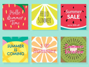 tropikal meyve doku arka plan kümesi. yaz hakkında fark kelime ile çilek, limon, karpuz, ananas, portakal, kivi dilimi parçası. yaz vektör illüstrasyon için taze tropikal meyveler