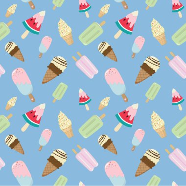 Dondurma külahı ve mavi arka planda dikişsiz dondurma kalıbı. Dondurma çizgisi çizimi. yaratıcı pasteller kavramı