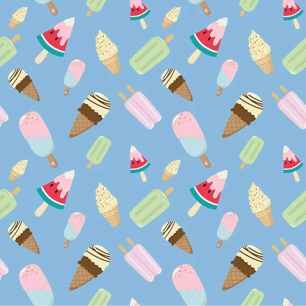 Cono de helado y barra de helado patrón sin costuras sobre fondo azul. helados línea ilustración fondo. concepto pasteles creativos — Archivo Imágenes Vectoriales