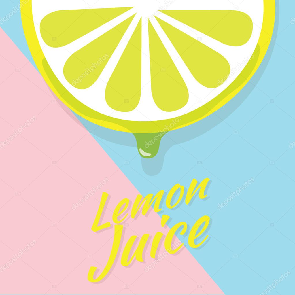 Piece of half lemon slice, juicy slice of fruit with drops of lemon juice vector icon illustration on pink and blue background. fresh lemon sour vector logo