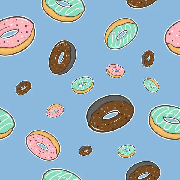 Patrón inconsútil del vector con el tamaño colorido de la diferencia de los donuts con el esmalte y los espolvoreos sobre fondo azul para decorar la cafetería o la panadería . — Archivo Imágenes Vectoriales