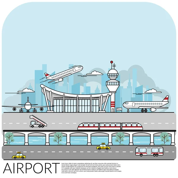 Simple Vector Illustration Busy Airport Terminal Airplane Take Landing Parking — Stock Vector