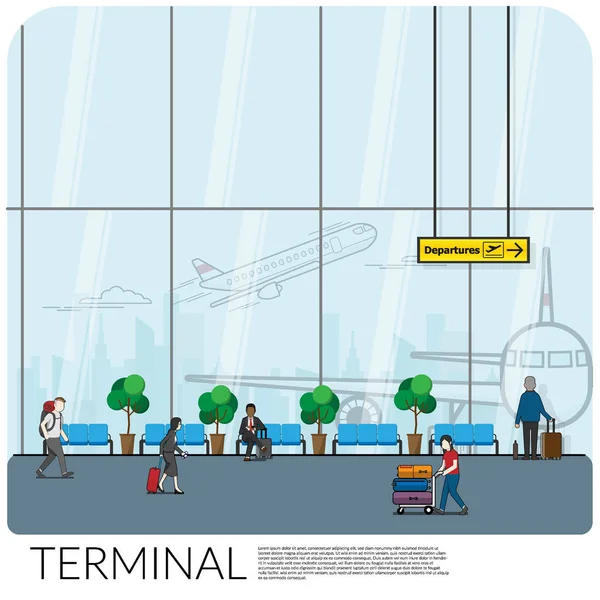 Design Interno Attesa Sala Cancello Partenza Terminal Dell Aeroporto Moderno — Vettoriale Stock