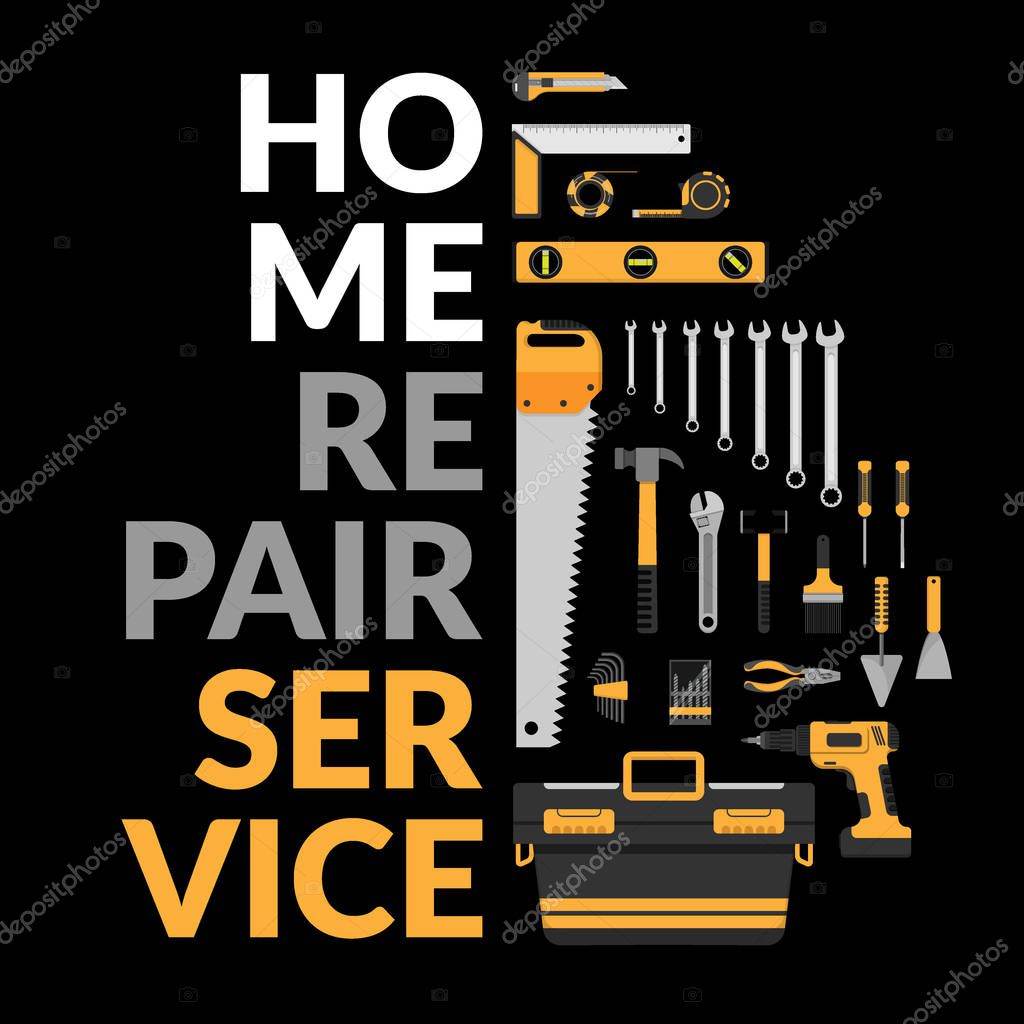 Home repair service template with set of DIY home repair working tools. home repair service consulting, renovation & construction company for marketing concept. vector illustration EPS10 flat design
