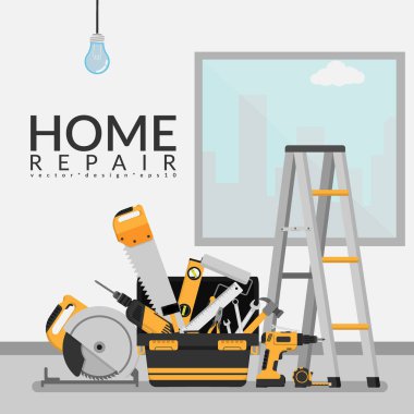 beyaz duvar ve pencere den şehir görünümü ile odada onarım araçları ile araç kutusu vektör illüstrasyon. sizin için metin veya şirket adı, düz tasarım kopyalama alanı ile ev onarım konsepti