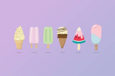 pastel mor izole vektör lezzetli renkli dondurma toplama çizimler seti