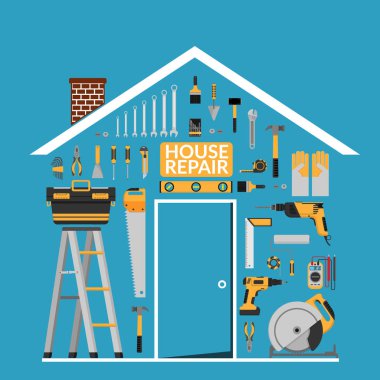 Diy ev onarım çalışma araçları vektör logo tasarım şablonu ev şeklinde çatı altında ayarlayın. ev onarım afiş, inşaat, onarım simgeleri. ev yenileme ve inşaat için el aletleri. düz tasarım