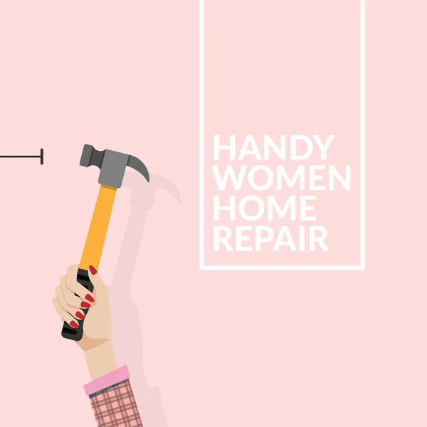 Woman Using Hammer Nail Wall Isolated Pink Background Yourself Home — Stock Vector