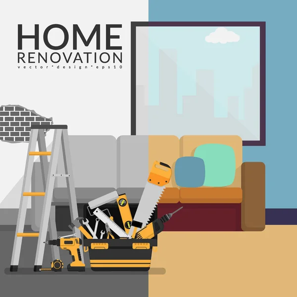 Concepto de contratista de renovación del hogar. ilustración vectorial de la habitación antes de la renovación y después de la renovación — Vector de stock