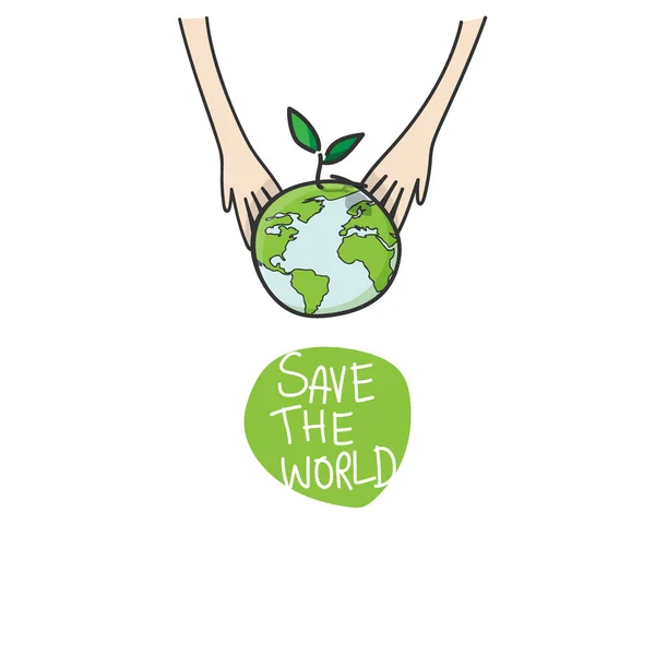 Två händer av barnen plantera gröna klot och träd för att spara miljö naturvård, ekologi koncept. vektor illustration isolerad på vit bakgrund — Stock vektor