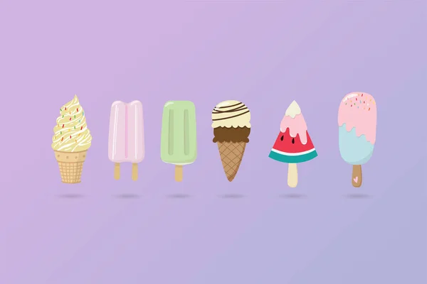 Набор Векторных Вкусных Красочных Иллюстраций Коллекции Мороженого Выделенных Пастельно Фиолетовый — стоковый вектор